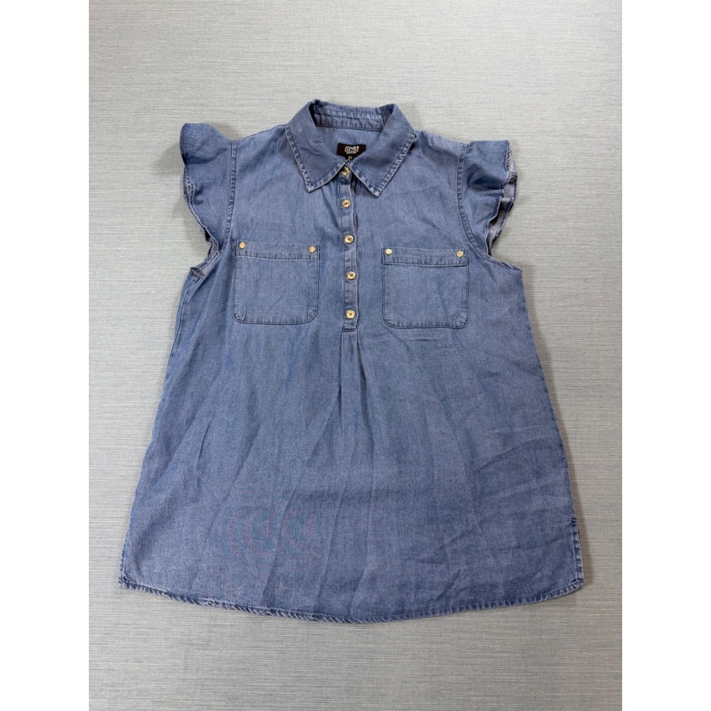 Jones New York Blouse Womens PS Blue Excellent Ruffle Sleeve Lyocell Chambray